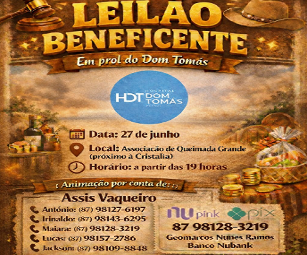 Leilão beneficente em apoio ao Hospital Dom Tomás acontecerá na zona rural de Petrolina (PE) em 27 de junho; assista ao vídeo.