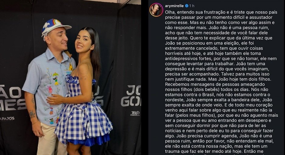 Ary Mirelle apoia João Gomes em meio a críticas por falta de posicionamento político nas redes sociais