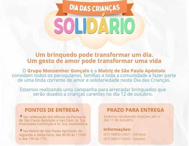 Igreja de São Paulo Apóstolo coleta brinquedos para crianças de Petrolina
