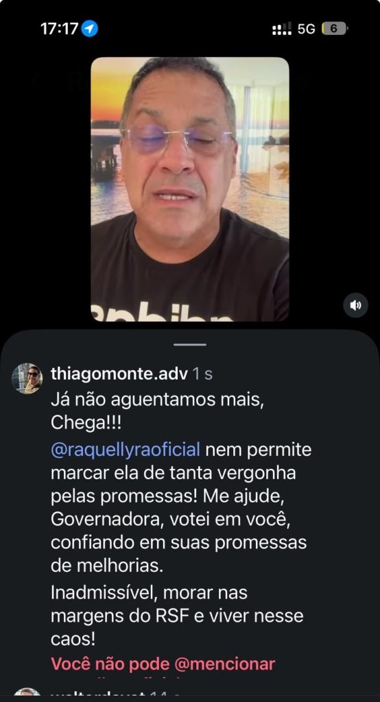 Seguidor critica governadora Raquel Lyra sobre falta de água em Petrolina: “Nem permite a gente marcar ela, de tanta vergonha”